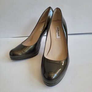 EUC L.K. Bennet Sledge Platform Heels Glossy Green Patent Leather sz 38 7.5US.